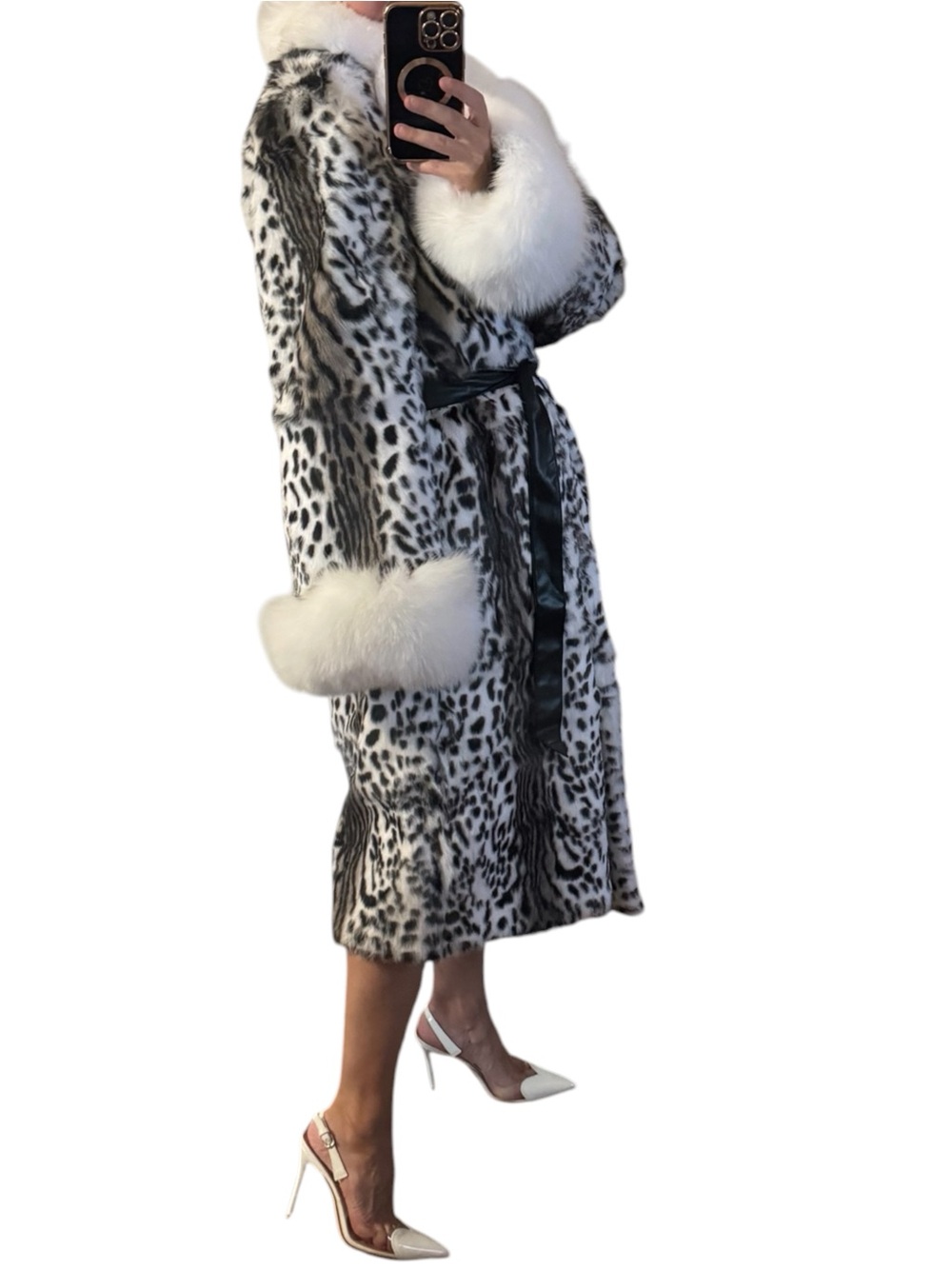 Luxury White & Black Leopard Print rabbit Fur Coat with White fox Collar - Picture 8 of 16
